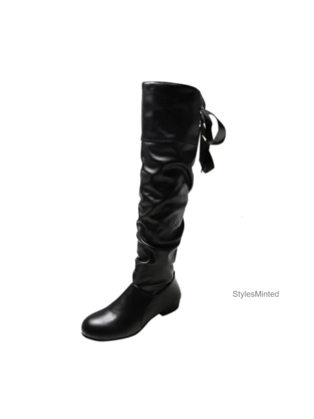 Knee High Boots Women Bow Over the Knee Flat Boots PU Leather Square Toe Lace